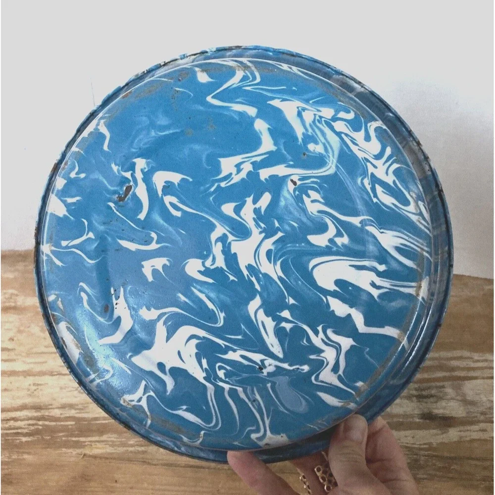 Antique vintage enamelware enameled swirl blue white basin bowl chippy farmhouse